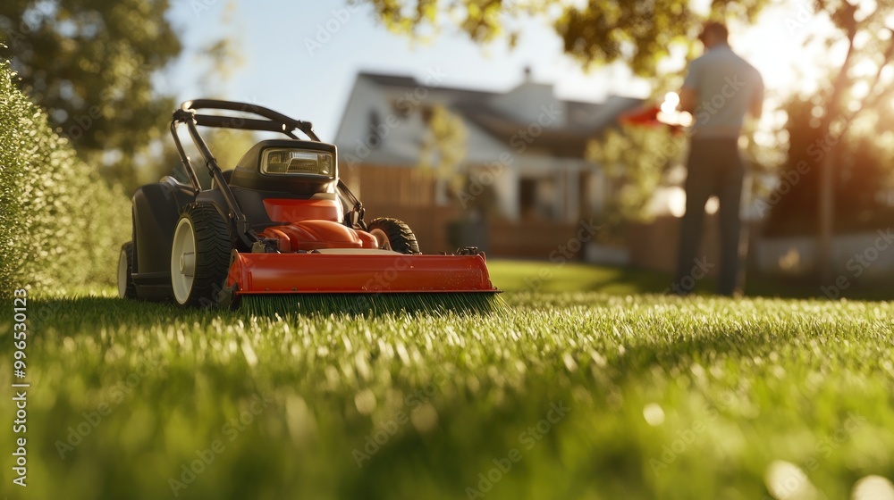 A man tending to his lawn with a lawnmower in a sunny backyard setting, highlighting a well-maintained green lawn. A man tending to his lawn with a lawnmower in a sunny backyard setting, highlighting a well-maintained green lawn.