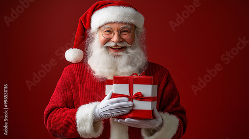 Santa Claus, wearing his classic red suit with white fur accents, is holding a stack of red and white gift boxes in his hands, red isolated backrgound, 