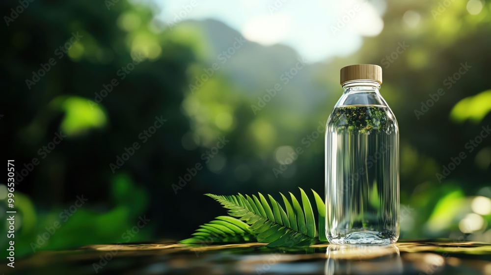 Clear water bottle on green foliage, depicting freshness and nature. Perfect for eco-friendly and wellness themes. Clear water bottle on green foliage, depicting freshness and nature. Perfect for eco-friendly and wellness themes.