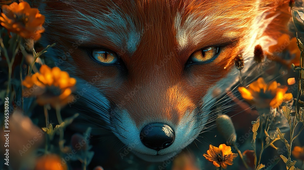 Close Up Portrait of a Red Fox in a Field of Flowers Close Up Portrait of a Red Fox in a Field of Flowers