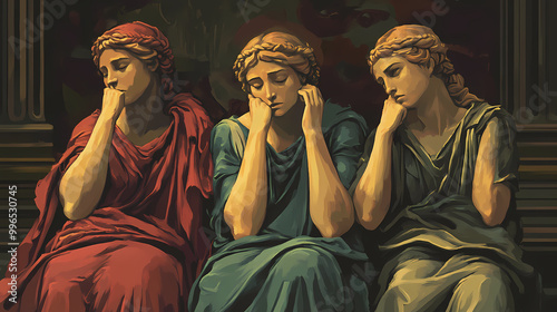 Illustration of pensive triple antigone. Greek Mythology. Illustration