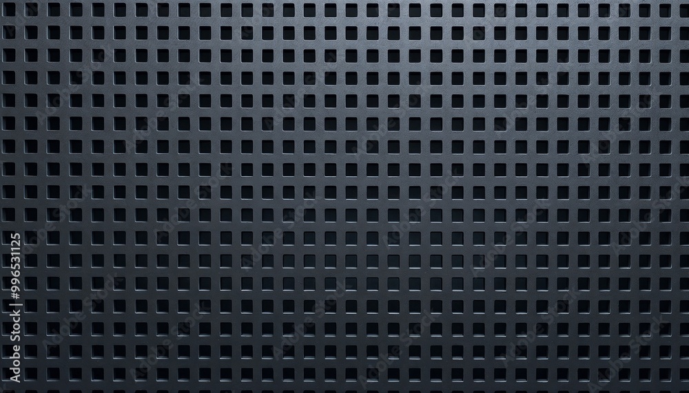 Textured grid pattern of dark mesh material with square holes on a black background and copy space, perforated metal texture Textured grid pattern of dark mesh material with square holes on a black background and copy space, perforated metal texture