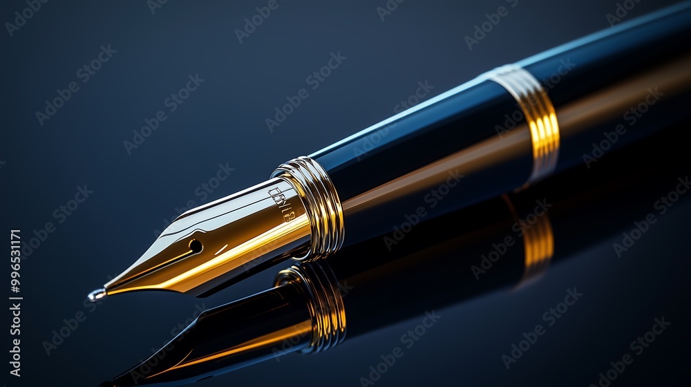 An exquisite luxurious pen with a sleek design and polished gold or silver accents. The pen should be placed prominently on the right side. An exquisite luxurious pen with a sleek design and polished gold or silver accents. The pen should be placed prominently on the right side.