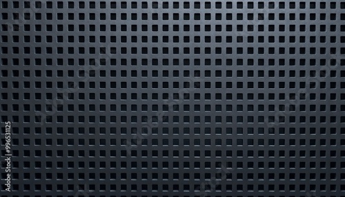 Textured grid pattern of dark mesh material with square holes on a black background and copy space, perforated metal texture