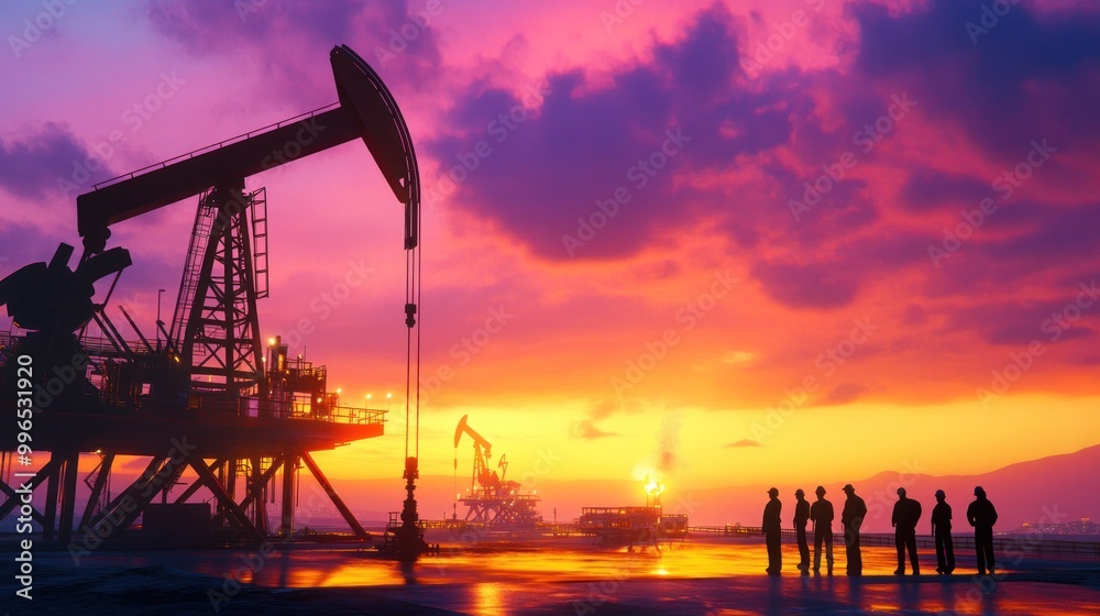 Silhouetted workers observe a vibrant sunset at an oil drilling site, showcasing the industrial landscape framed by colorful clouds. Silhouetted workers observe a vibrant sunset at an oil drilling site, showcasing the industrial landscape framed by colorful clouds.