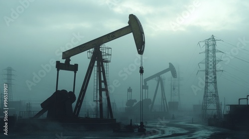 Oil pumps silhouetted in a foggy industrial landscape, creating a moody and dramatic atmosphere.