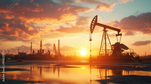 A picturesque sunset over an oil drilling site with pump jacks silhouetted against vibrant clouds.