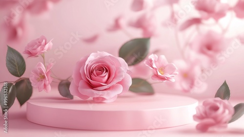 A beautifully arranged pink rose surrounded by delicate blossoms on a soft pink background, evoking a serene and romantic mood.