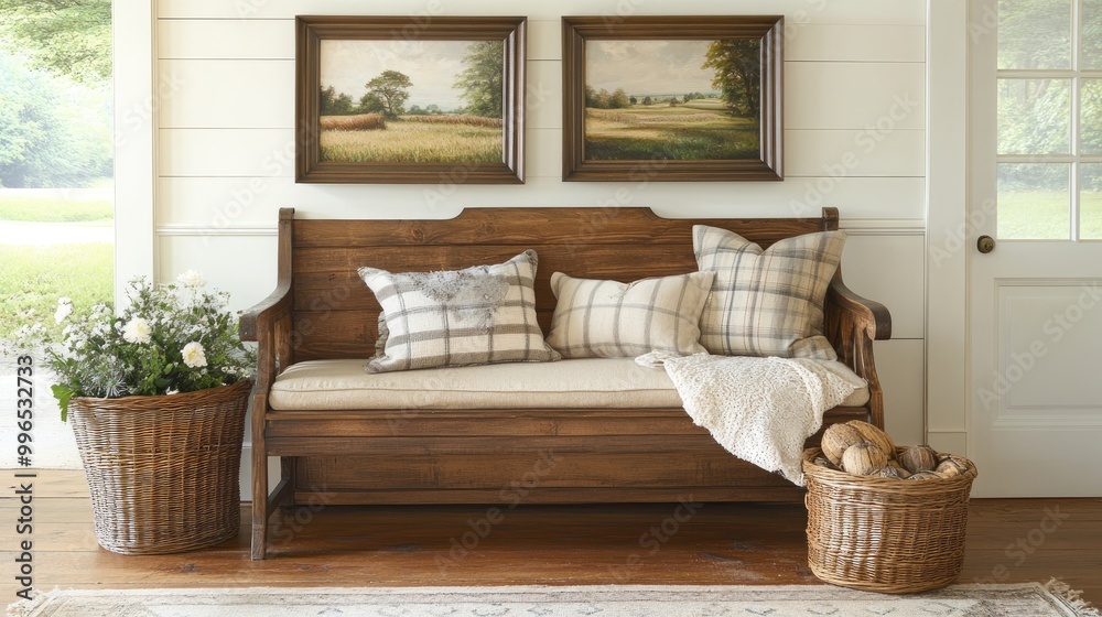 Obraz premium The entryway features a rustic bench adorned with pillows and throw blankets, complemented by framed landscape prints and a textured rug for a warm atmosphere.