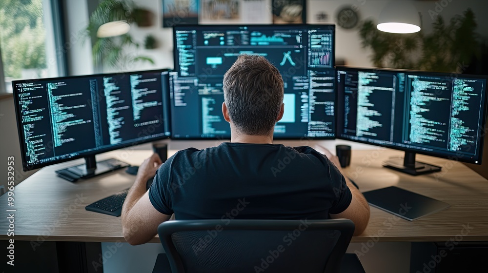 A focused individual working with multiple screens, analyzing data and coding in a modern tech workspace, highlighting productivity. A focused individual working with multiple screens, analyzing data and coding in a modern tech workspace, highlighting productivity.