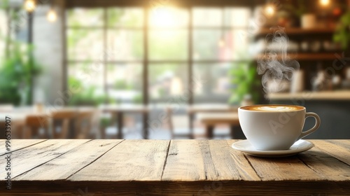 Serene Coffee Shop Ambiance with Steaming Cup of Coffee on Wooden Table, Copy Space for Text.