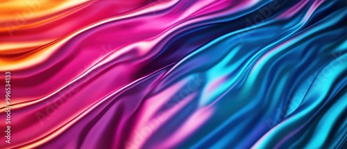 Colorful flowing fabric texture, vibrant waves in shades of pink, blue, and orange.