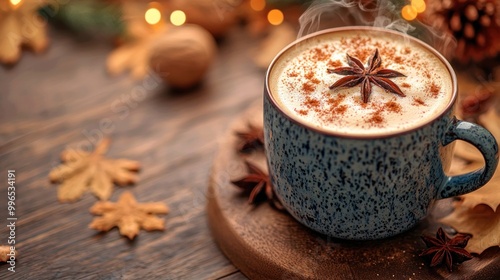 A cup of coffee with cinnamon and a star on top sits on a wooden table