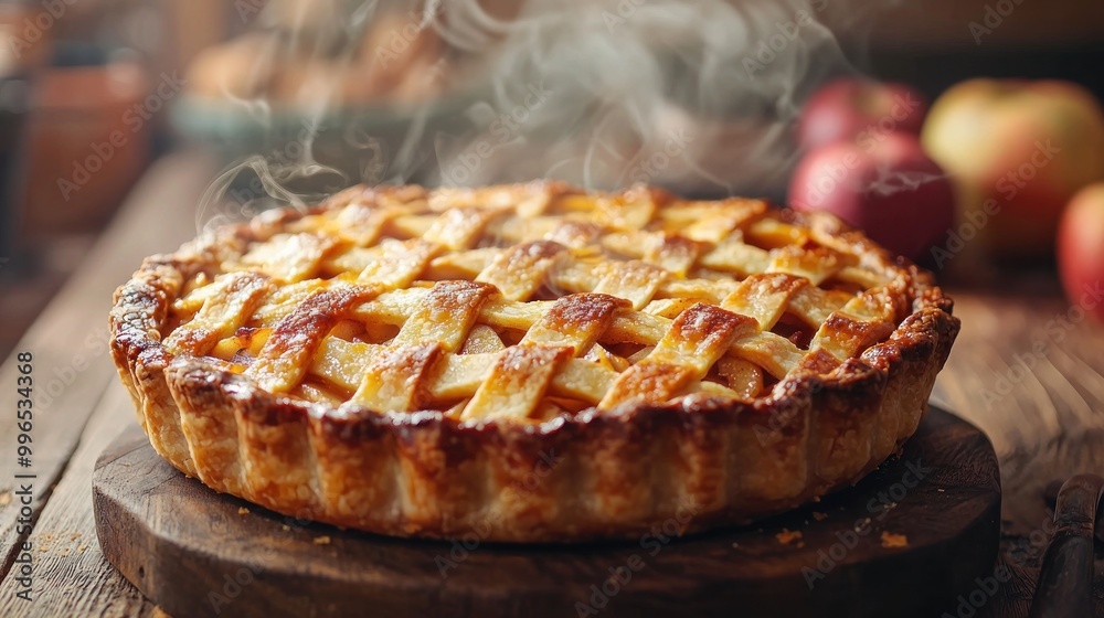 A pie with steam coming out of it sits on a wooden table A pie with steam coming out of it sits on a wooden table