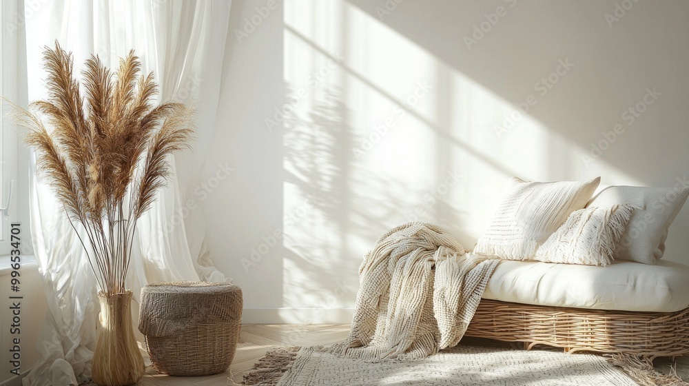 A white room with a white couch and a white blanket on it