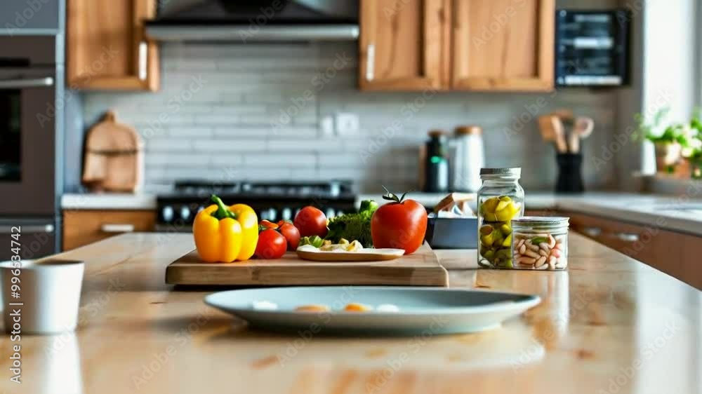 A kitchen countertop with fresh vegetables and snacks, ready for meal preparation. A kitchen countertop with fresh vegetables and snacks, ready for meal preparation.