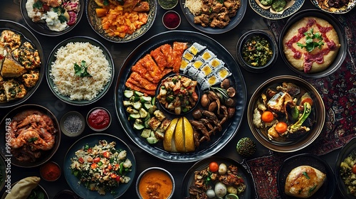 A Table Spread of Diverse Dishes Featuring Seafood, Meat, and Vegetables