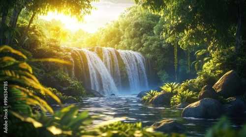 A serene waterfall cascading through lush greenery at sunrise, creating a tranquil atmosphere in a tropical paradise.