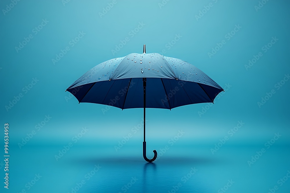 A single blue umbrella with water drops on a blue background A single blue umbrella with water drops on a blue background