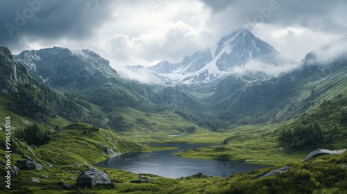 Serene mountainous landscape with lush greenery and a tranquil lake under a moody sky.