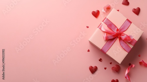 A beautifully wrapped gift box with a pink ribbon, surrounded by scattered hearts, perfect for celebrations.