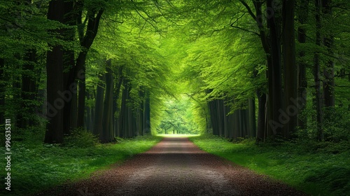 A serene pathway through a lush, green forest, inviting exploration and tranquility.