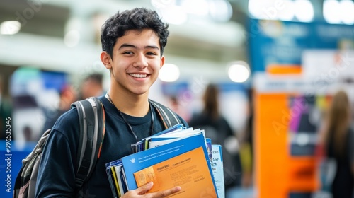 A high school graduate enthusiastically engages at a college fair, proudly holding a variety of university brochures, looking toward future opportunities photo