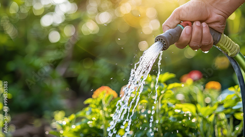 Person watering the garden. Hose nozzle garden, liquid pesticide application on plants