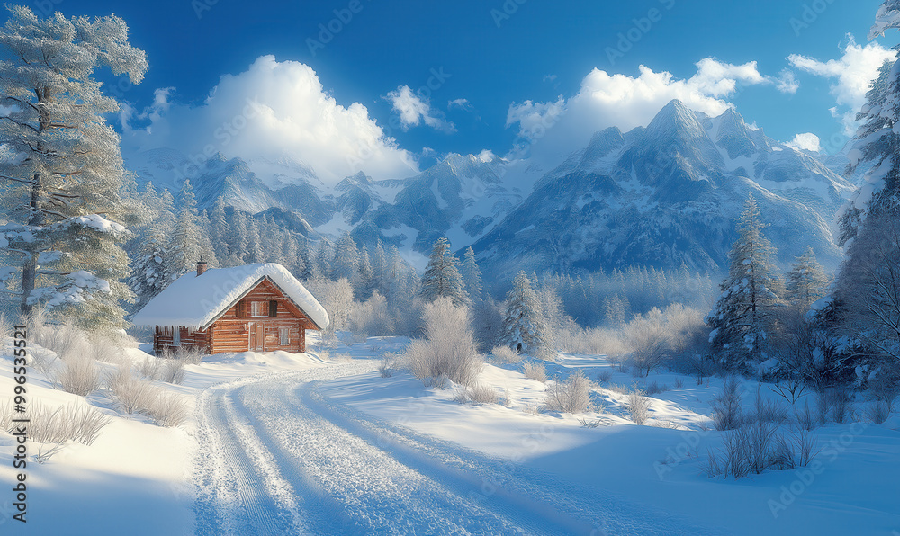 Wooden house in the forest on a winter day with mountains in the background.