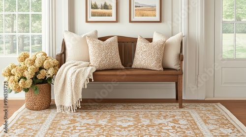 The entryway features a rustic bench adorned with pillows and throw blankets, complemented by framed landscape prints and a textured rug for a warm atmosphere