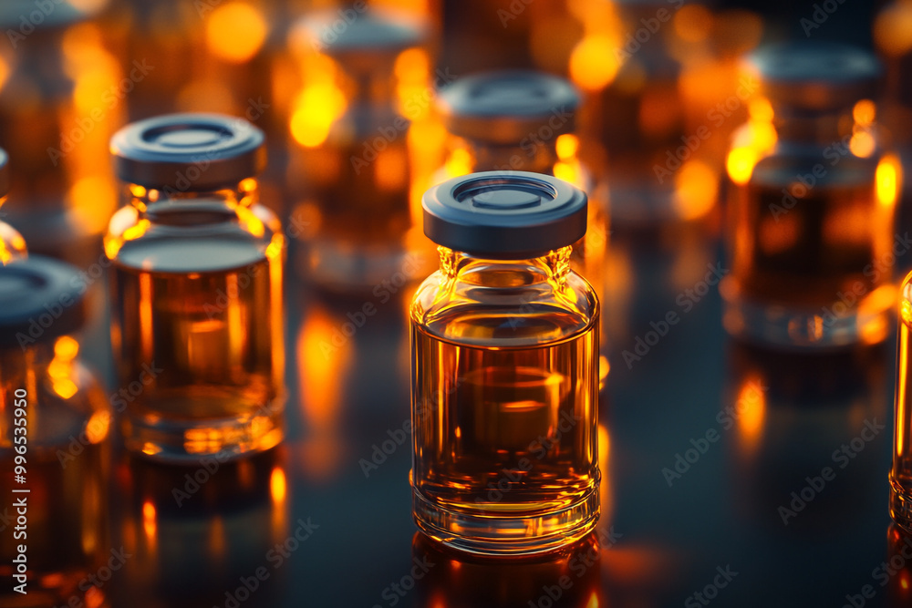 Photograph of multiple small glass vials filled with orange liquid on a dark background. Photograph of multiple small glass vials filled with orange liquid on a dark background.