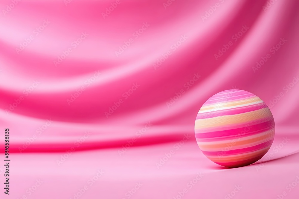 Obraz premium Colorful striped ball on a soft pink fabric background.