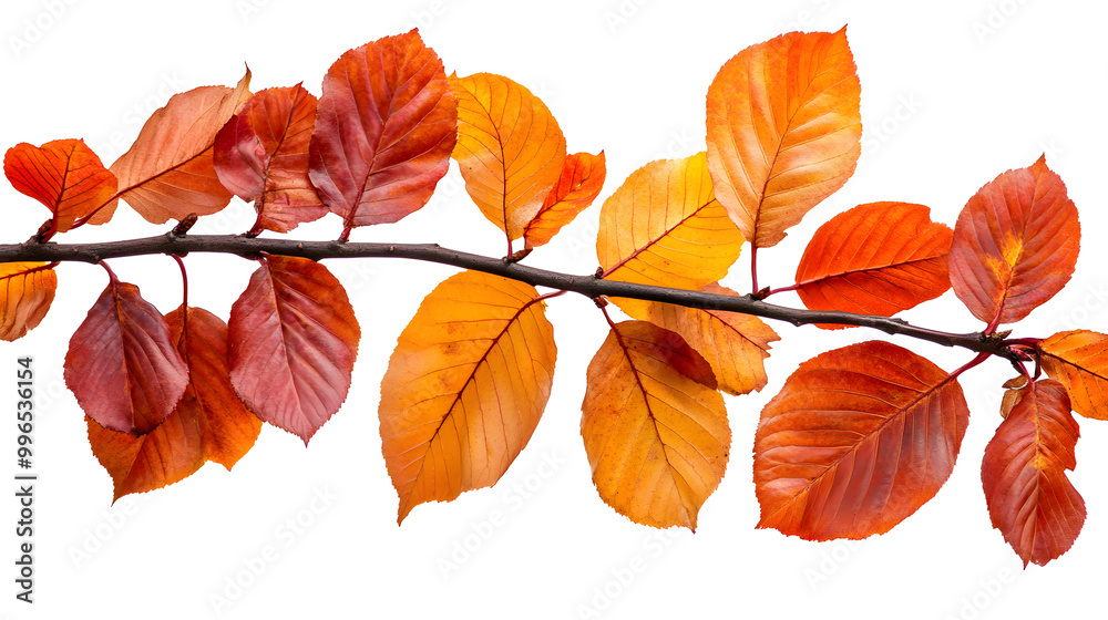 Obraz premium Vibrant orange and red autumn leaves branch isolated on white background