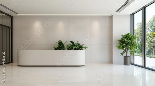 Circular bank lobby with skylight, waterfall feature, green plants, polished tiles, modern bank design, eco-luxury finance