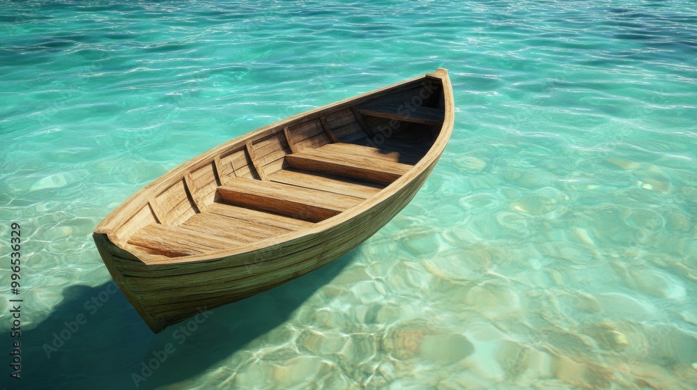 A serene wooden boat floating gently in crystal-clear turquoise waters. A serene wooden boat floating gently in crystal-clear turquoise waters.
