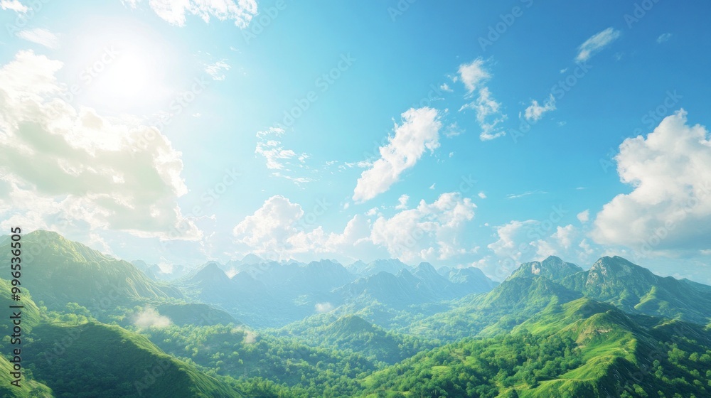 Breathtaking view of lush green mountains under a clear blue sky with fluffy clouds, conveying tranquility and natural beauty. Breathtaking view of lush green mountains under a clear blue sky with fluffy clouds, conveying tranquility and natural beauty.