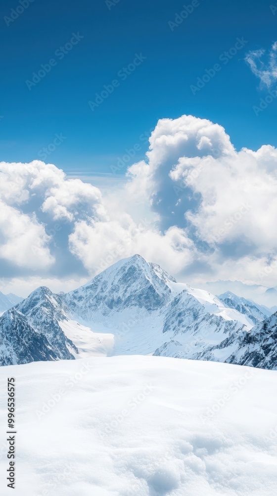 Majestic snow-covered mountain landscape under a bright blue sky with clouds. Majestic snow-covered mountain landscape under a bright blue sky with clouds.