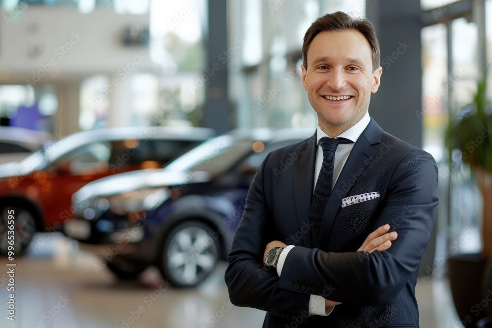 A man in a suit and tie stands in front of a car dealership, generative ai image A man in a suit and tie stands in front of a car dealership, generative ai image