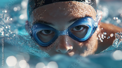 A young male swimmer with dark hair and blue goggles focuses intently while gliding through the water.