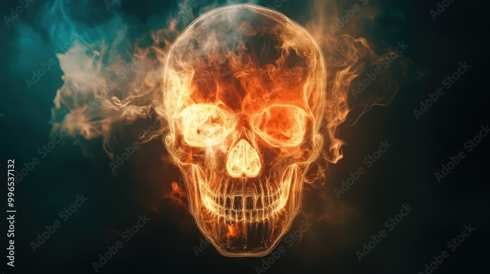 A glowing skull surrounded by fiery smoke, symbolizing danger, mystery, and the supernatural in a dark atmosphere. A glowing skull surrounded by fiery smoke, symbolizing danger, mystery, and the supernatural in a dark atmosphere.