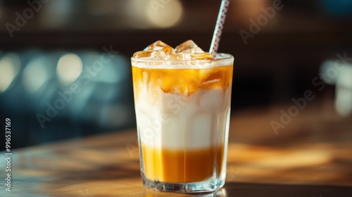 Close-up image of a refreshing iced latte with a straw on a wooden counter.