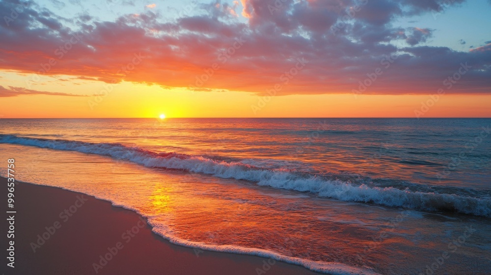 Stunning sunset over ocean with colorful clouds and gentle waves. Stunning sunset over ocean with colorful clouds and gentle waves.