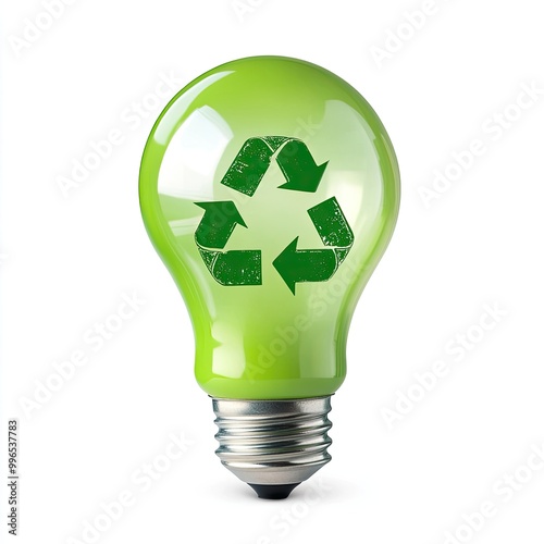 A green light bulb with a recycling symbol, representing energy efficiency and environmental sustainability.