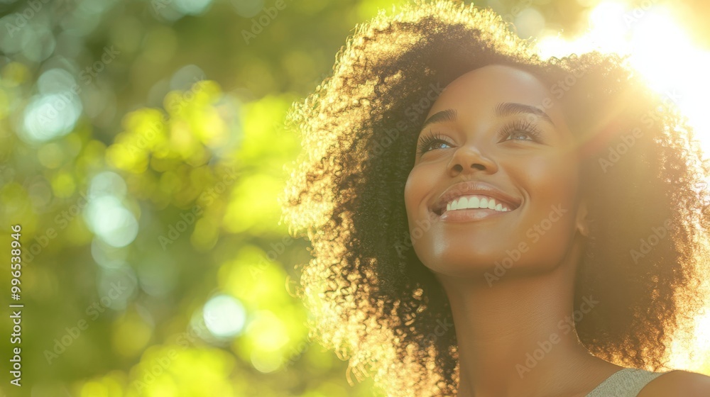 A joyful Black woman stands outside, basking in the sunlight with a bright smile on her face. The vibrant natural backdrop enhances her cheerful expression A joyful Black woman stands outside, basking in the sunlight with a bright smile on her face. The vibrant natural backdrop enhances her cheerful expression