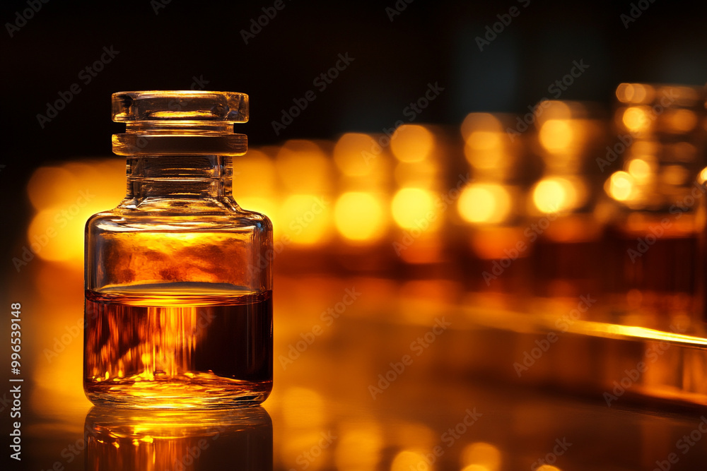 Photograph of multiple small glass vials filled with orange liquid on a dark background. Photograph of multiple small glass vials filled with orange liquid on a dark background.