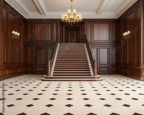 Regal bank lobby with rich wood paneling, grand chandelier, ornate staircase, classic luxury interior, elegant banking