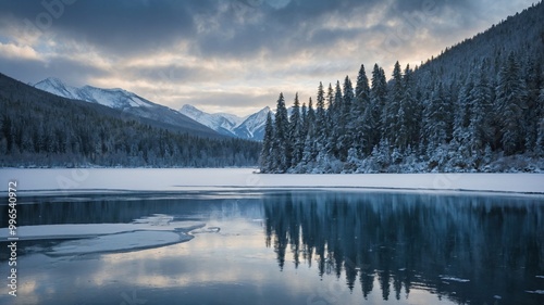 Serene Winter Landscape with Snowy Mountains and Lake