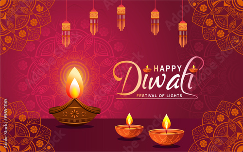 Happy Diwali Celebration Background. Diwali Festival Of Lights Banner with Diya and mandala art Vector Illustration. Happy Diwali Social Media Post Template.