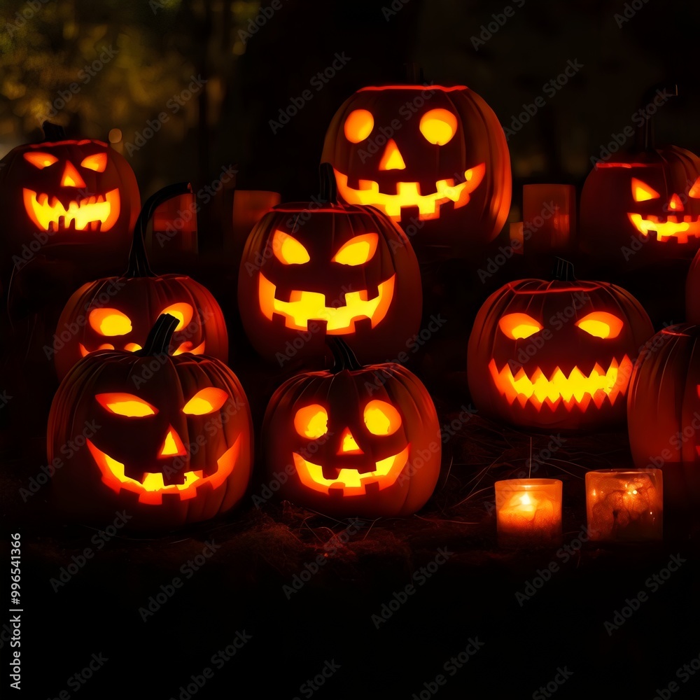 halloween Jack O' Lantern pumpkins in the dark. 3D illustration. halloween Jack O' Lantern pumpkins in the dark. 3D illustration.