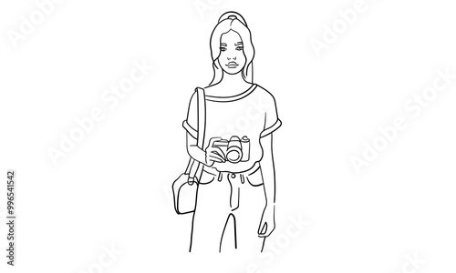 Girl photographer continuous line art drawing isolated on white background. Camera line art drawing. Vector illustration	